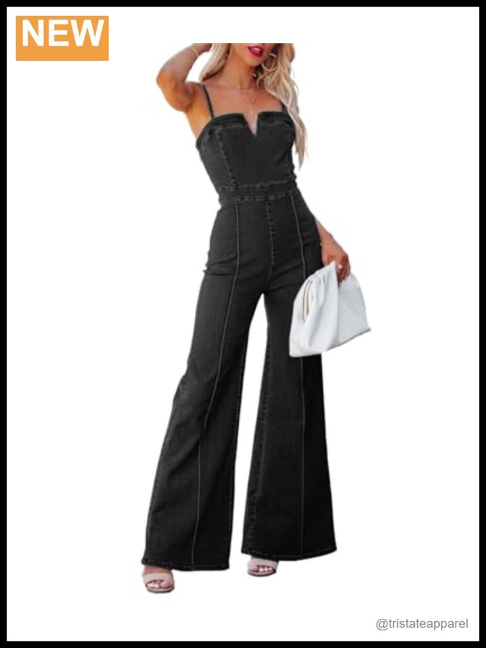 Spaghetti Strap Wide Leg Jean Jumpsuit Flare Denim Romper Stretch